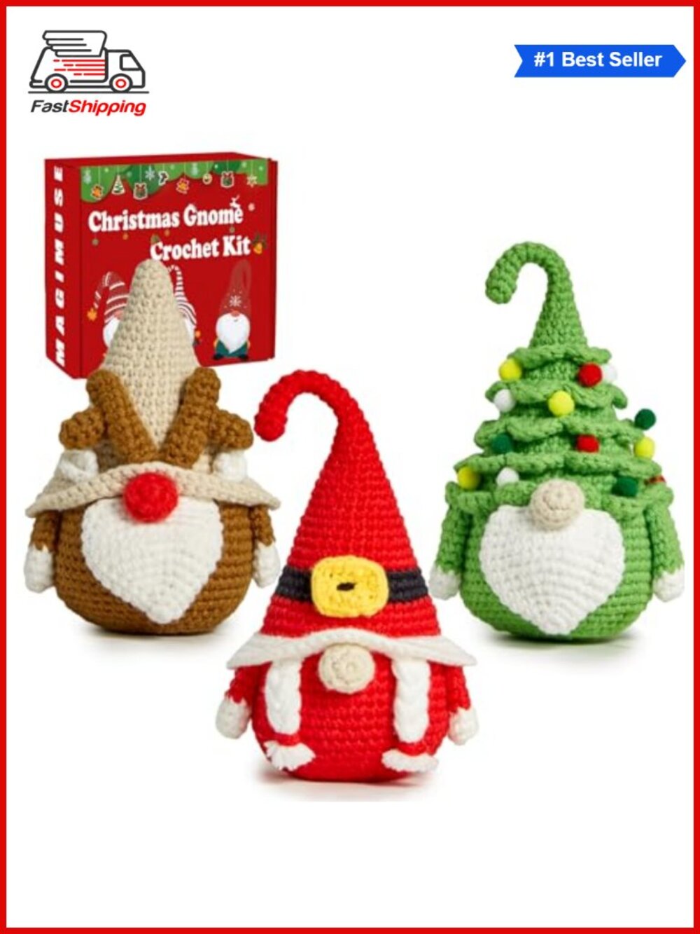 🎅 Christmas Crochet Kit for Beginners Amigurumi Gnome 3 Pack With Yarn